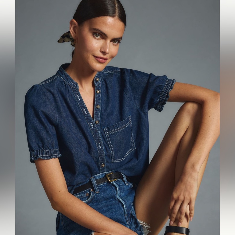 The Aly Denim Puff-Sleeve Blouse by Pilcro